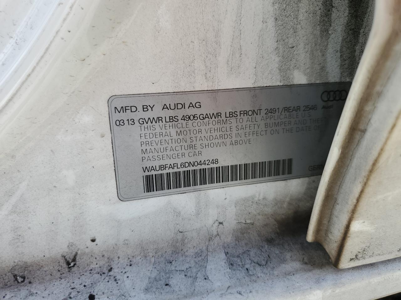 2013 Audi A4 Premium VIN: WAUBFAFL6DN044248 Lot: 57536334