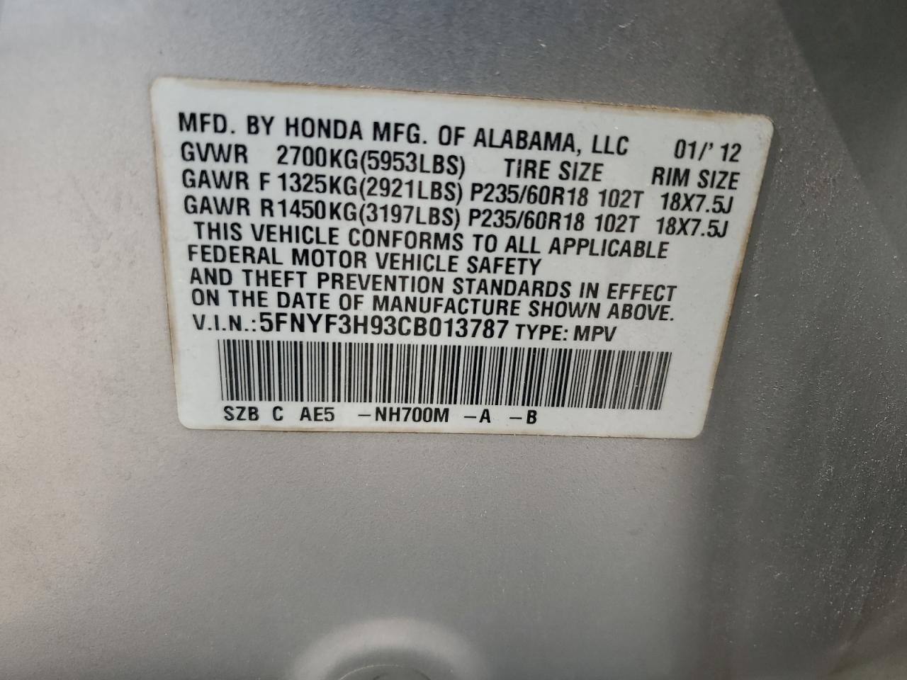 2012 Honda Pilot Touring VIN: 5FNYF3H93CB013787 Lot: 59156174
