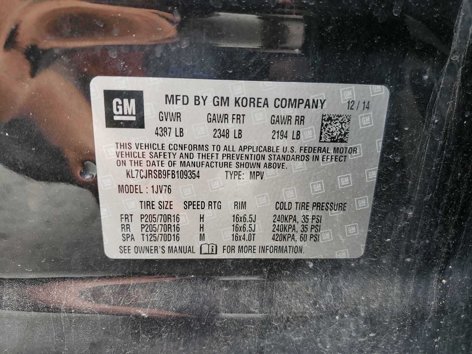 KL7CJRSB9FB109354 2015 Chevrolet Trax 1Lt