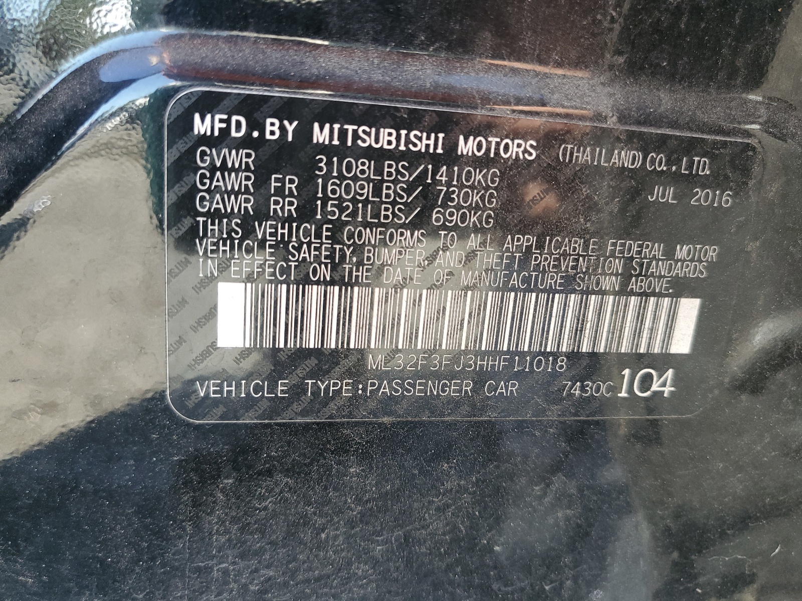 ML32F3FJ3HHF11018 2017 Mitsubishi Mirage G4 Es