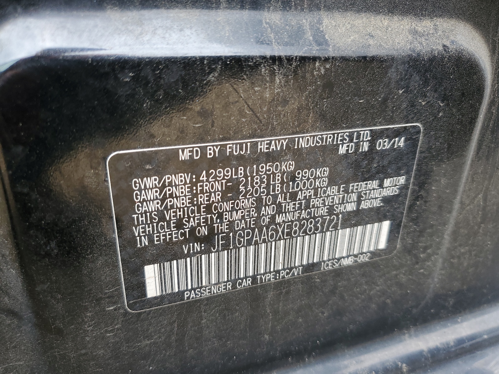 JF1GPAA6XE8283721 2014 Subaru Impreza