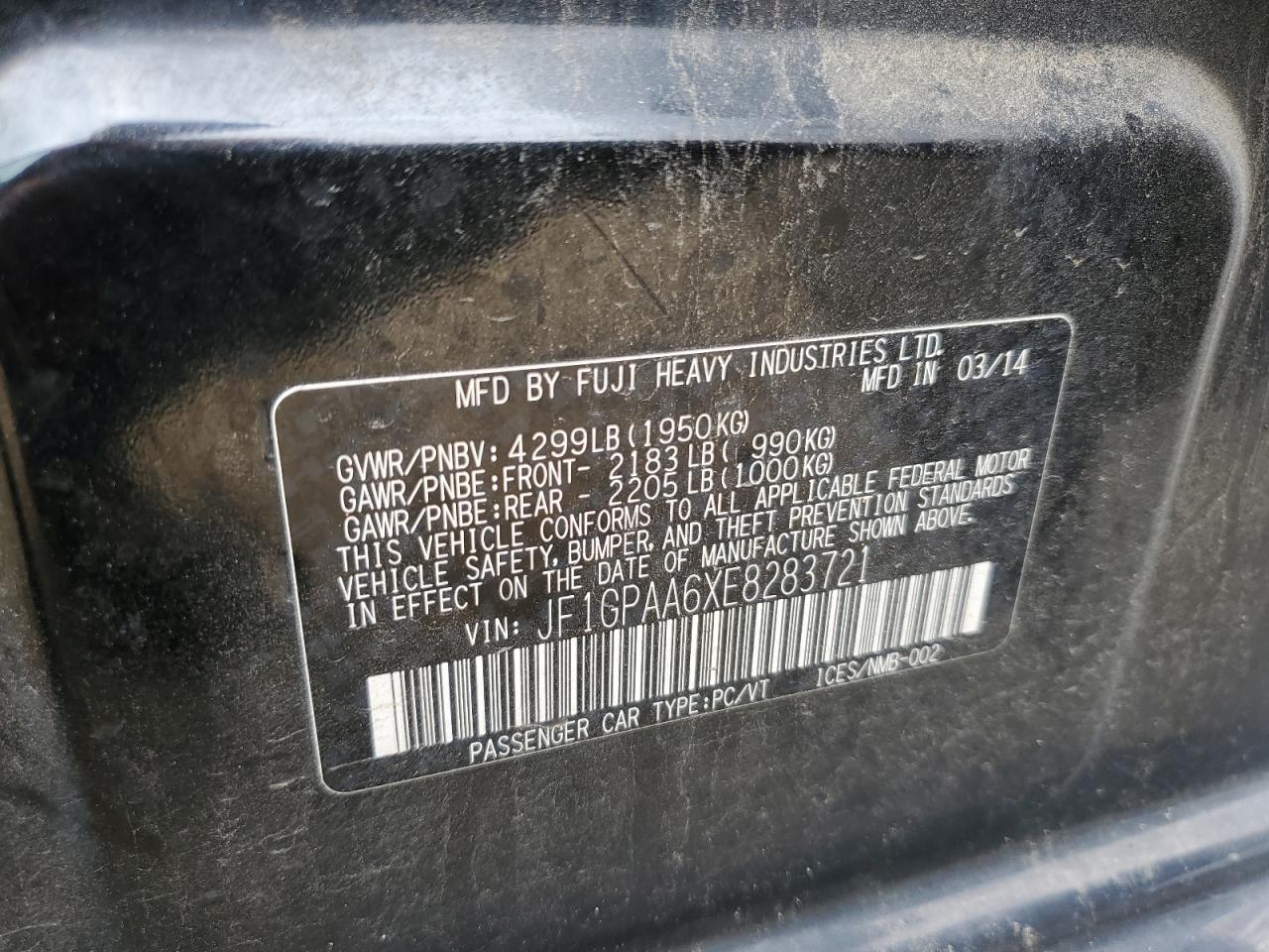 2014 Subaru Impreza VIN: JF1GPAA6XE8283721 Lot: 60054244