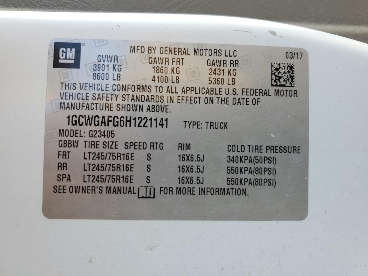 2017 Chevrolet Express G2500 VIN: 1GCWGAFG6H1221141 Lot: 58487934