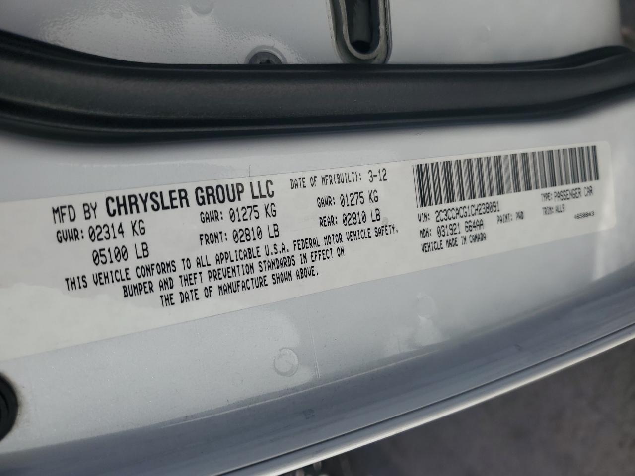 2012 Chrysler 300 Limited VIN: 2C3CCACG1CH238091 Lot: 60347054