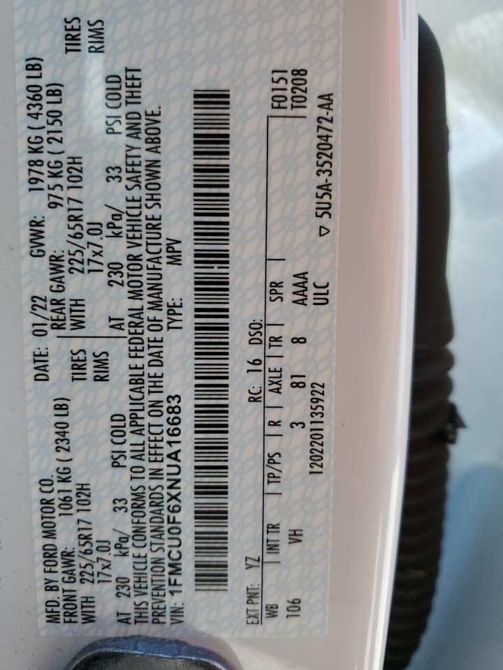 2022 Ford Escape S VIN: 1FMCU0F6XNUA16683 Lot: 58739564