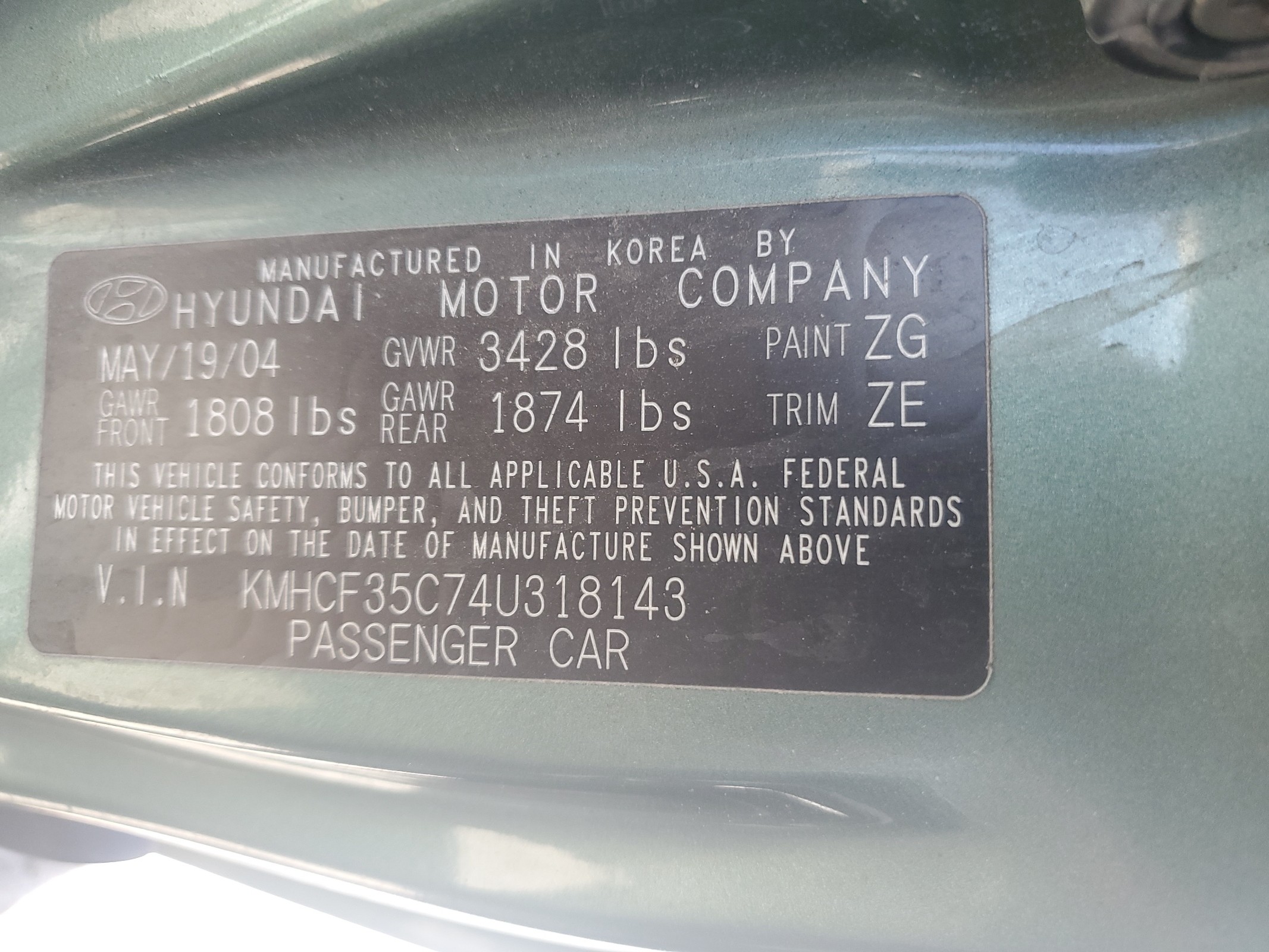 KMHCF35C74U318143 2004 Hyundai Accent L