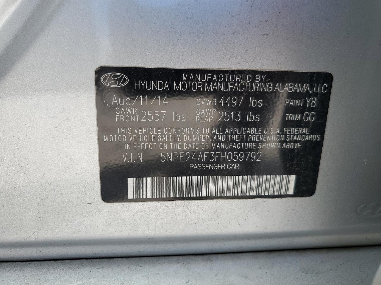 2015 Hyundai Sonata Se VIN: 5NPE24AF3FH059792 Lot: 57940714