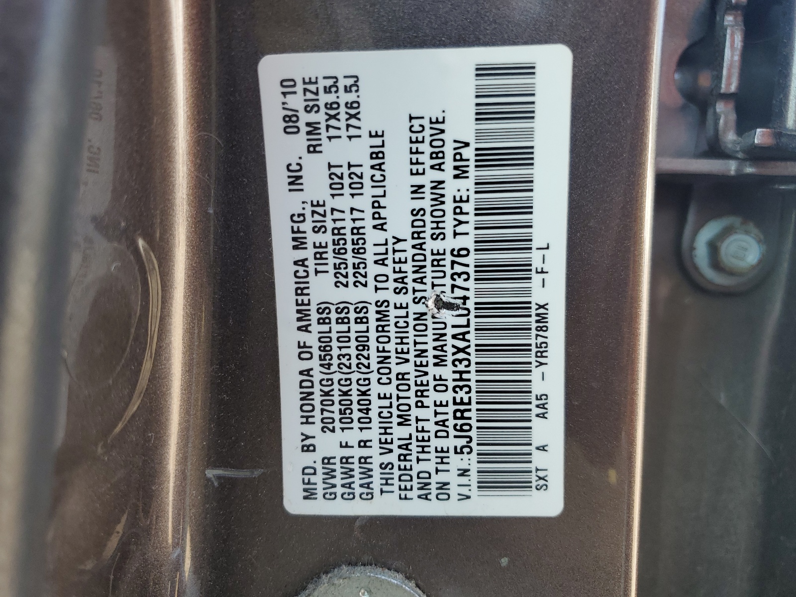 5J6RE3H3XAL047376 2010 Honda Cr-V Lx