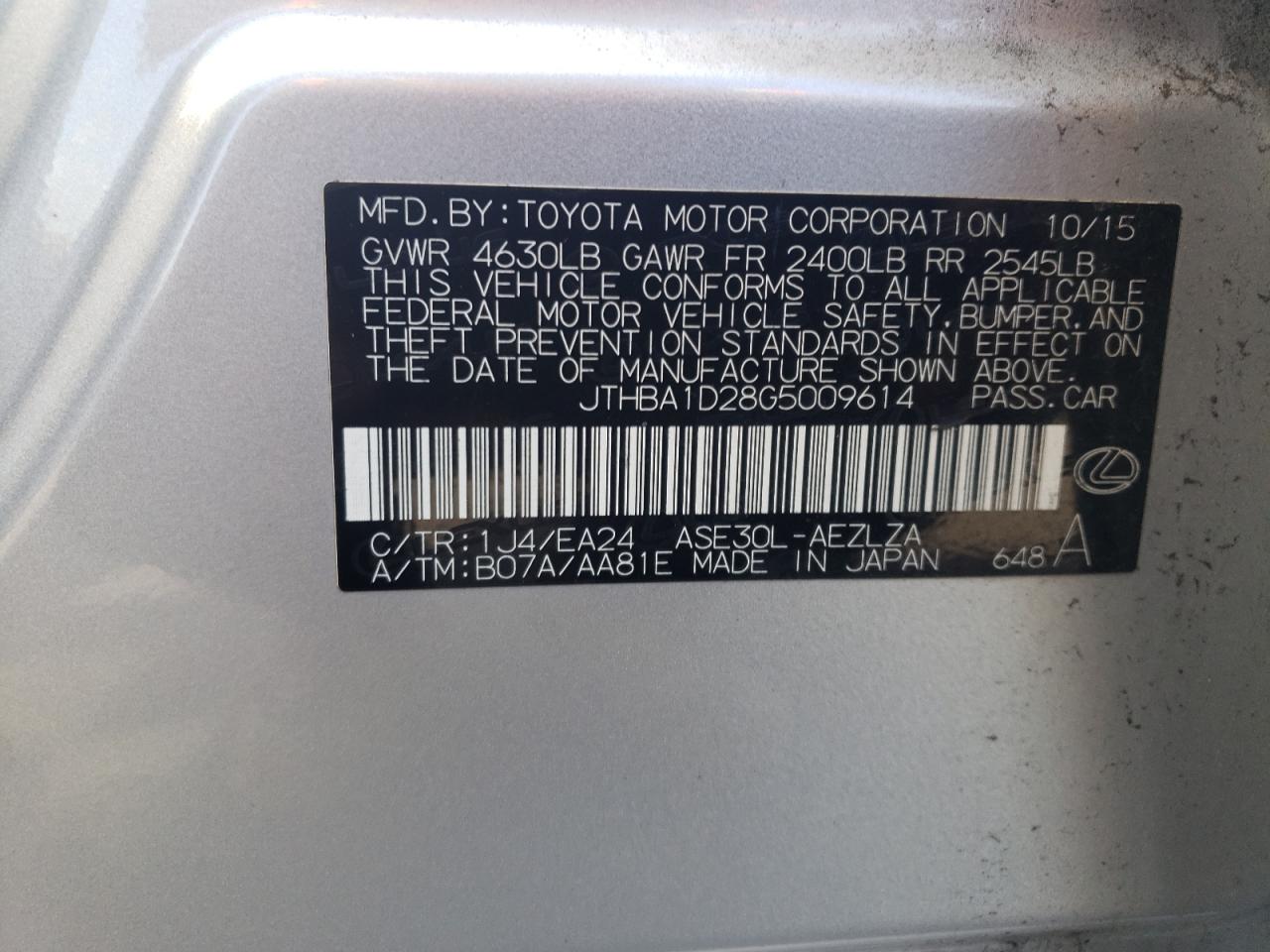 2016 Lexus Is 200T VIN: JTHBA1D28G5009614 Lot: 60330954