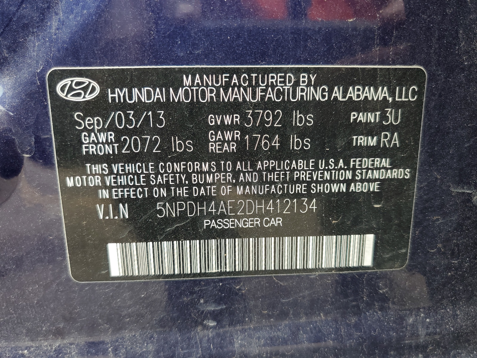 5NPDH4AE2DH412134 2013 Hyundai Elantra Gls