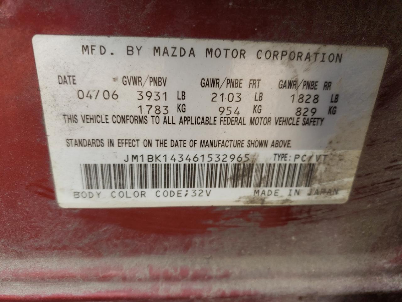 2006 Mazda 3 Hatchback VIN: JM1BK143461532965 Lot: 59208444