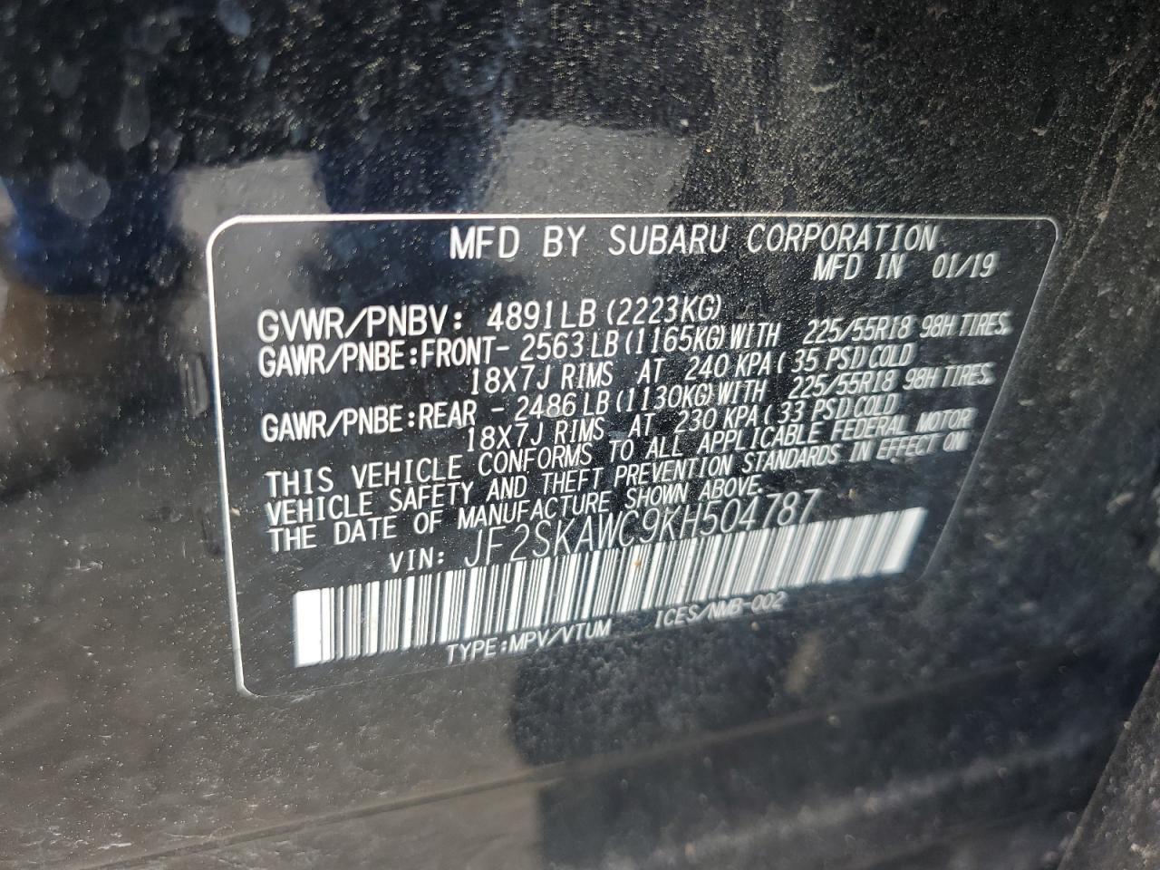 2019 Subaru Forester Touring VIN: JF2SKAWC9KH504787 Lot: 59481224