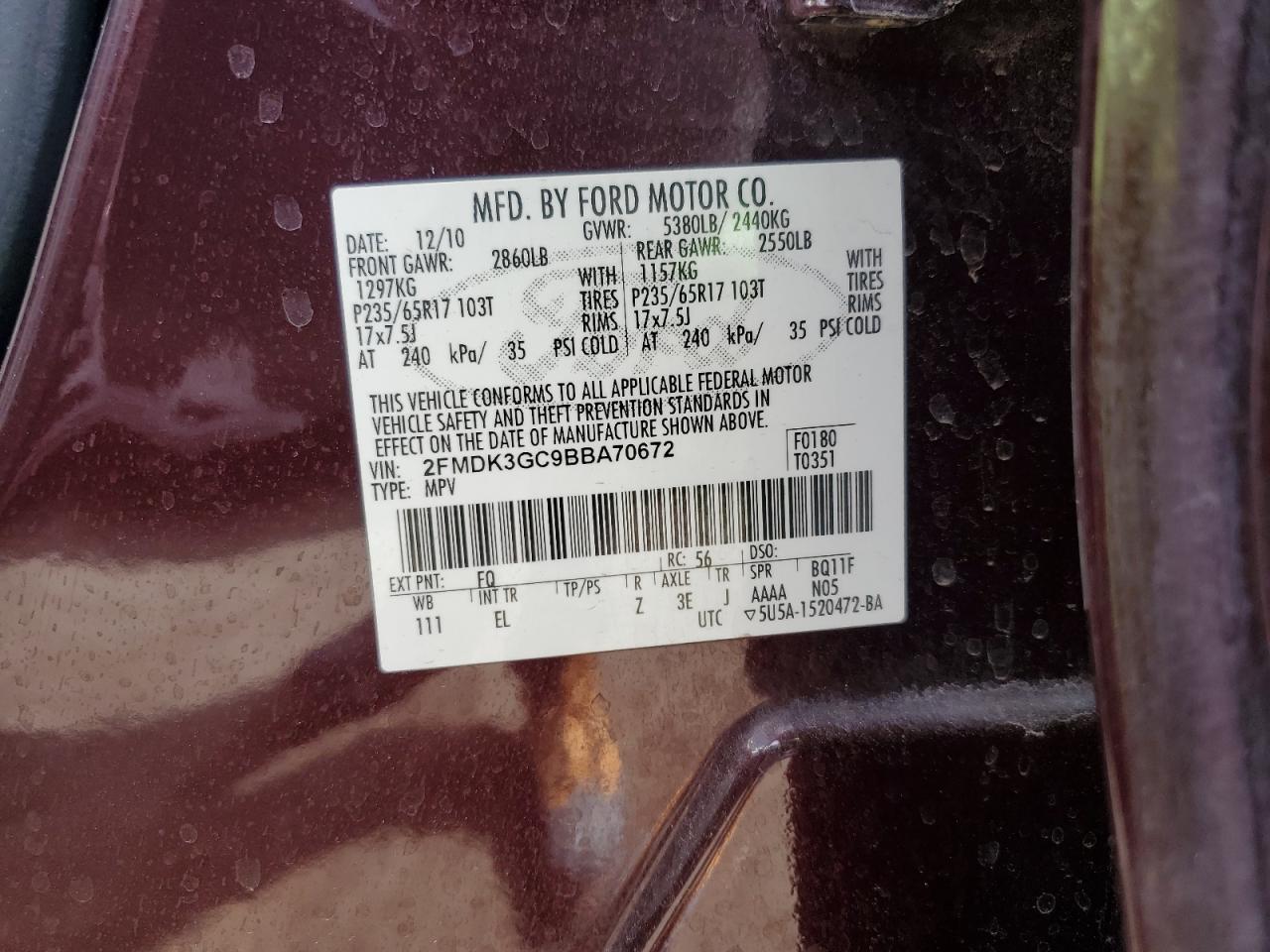 2011 Ford Edge Se VIN: 2FMDK3GC9BBA70672 Lot: 59675734