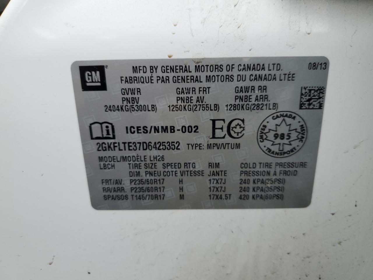 2013 GMC Terrain Sle VIN: 2GKFLTE37D6425352 Lot: 59544594