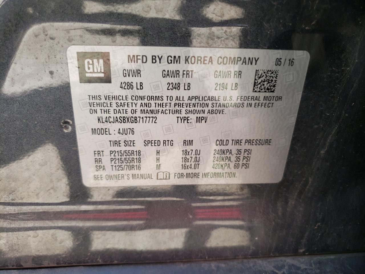 2016 Buick Encore VIN: KL4CJASBXGB717772 Lot: 60907374