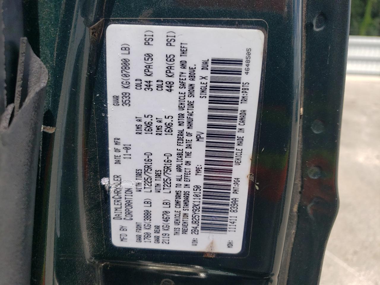 2002 Dodge Ram Wagon B2500 VIN: 2B4JB25Y92K110150 Lot: 59227564