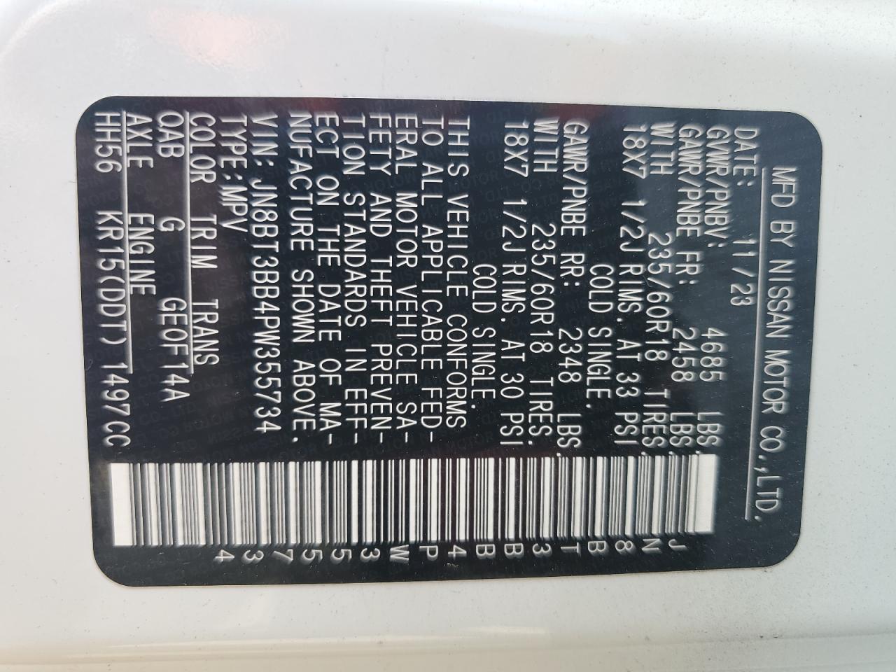 2023 Nissan Rogue Sv VIN: JN8BT3BB4PW355734 Lot: 59465484