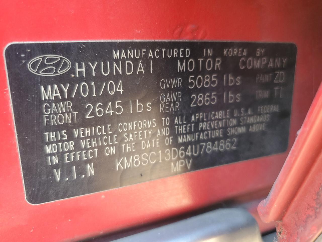 KM8SC13D64U784862 2004 Hyundai Santa Fe Gls