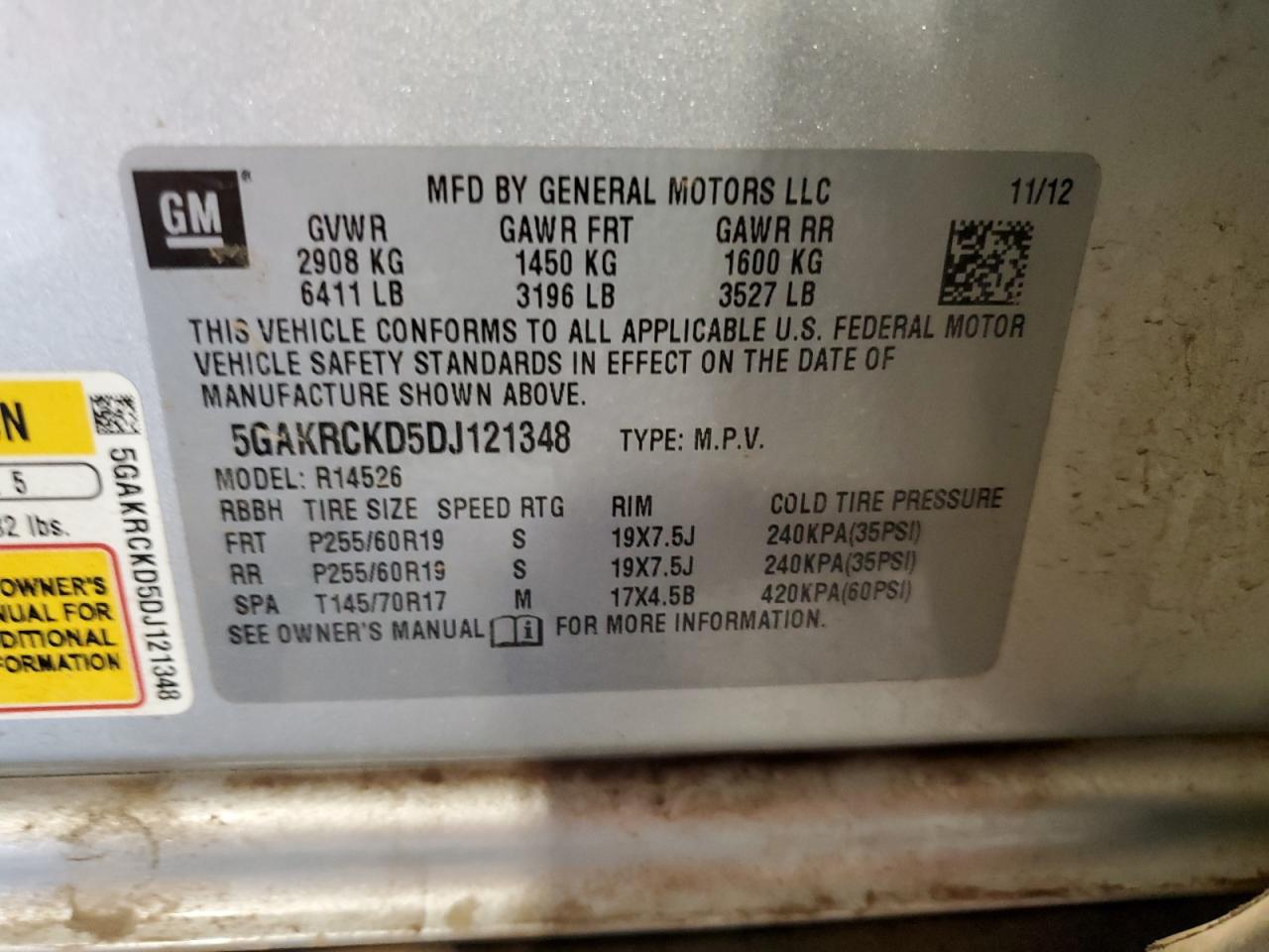 2013 Buick Enclave VIN: 5GAKRCKD5DJ121348 Lot: 59099254