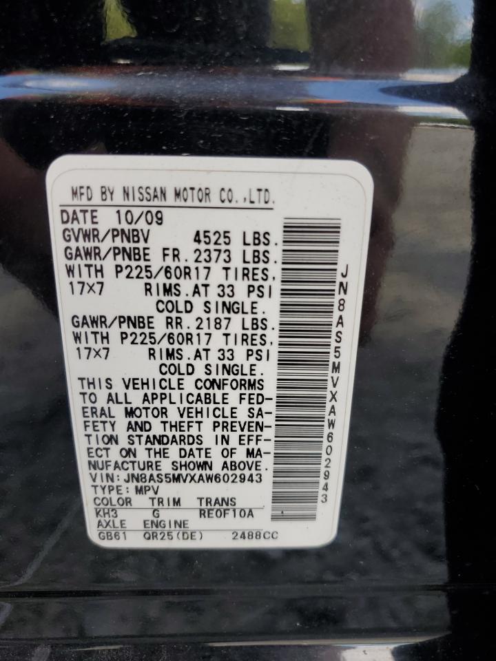 2010 Nissan Rogue S VIN: JN8AS5MVXAW602943 Lot: 65708104