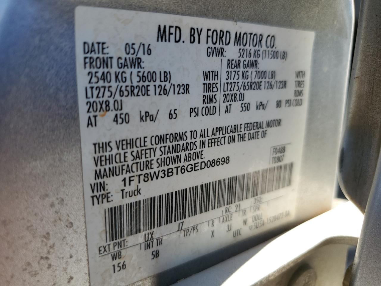 2016 Ford F350 Super Duty VIN: 1FT8W3BT6GED08698 Lot: 58744654