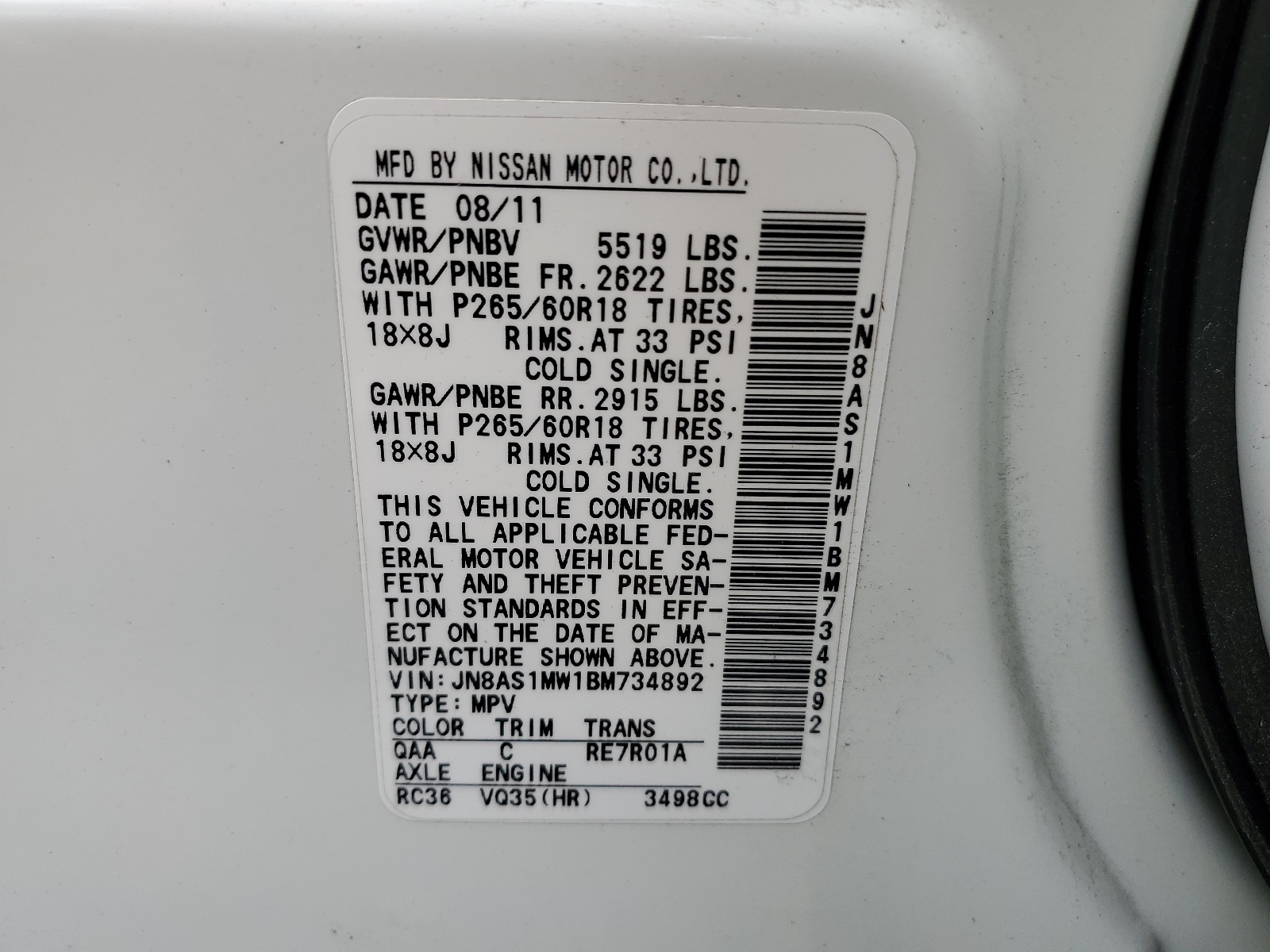 JN8AS1MW1BM734892 2011 Infiniti Fx35