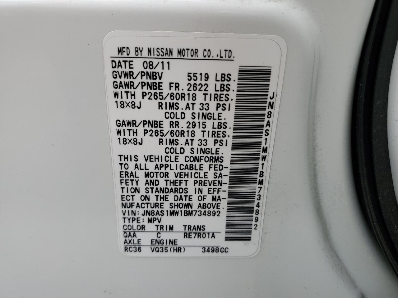 2011 Infiniti Fx35 VIN: JN8AS1MW1BM734892 Lot: 59959554