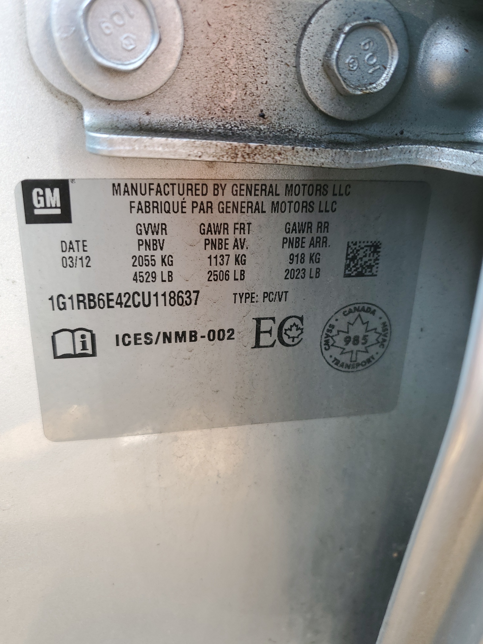 1G1RB6E42CU118637 2012 Chevrolet Volt