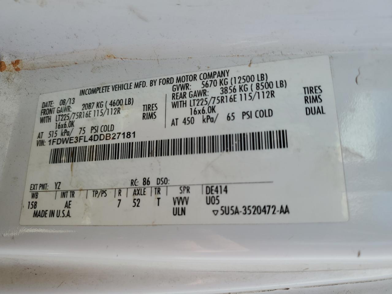 2013 Ford Econoline E350 Super Duty Cutaway Van VIN: 1FDWE3FL4DDB27181 Lot: 60530164