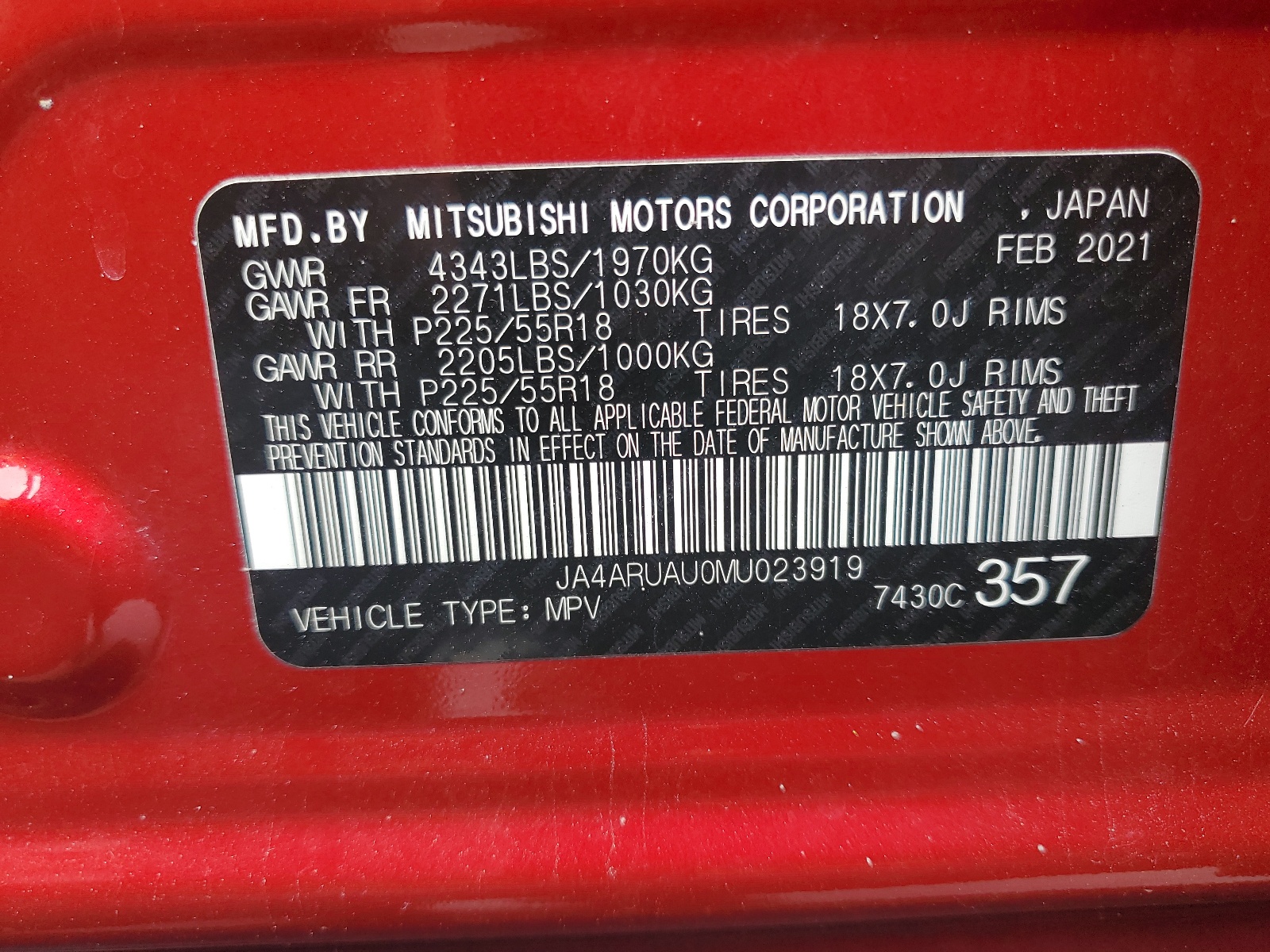 JA4ARUAU0MU023919 2021 Mitsubishi Outlander Sport Es