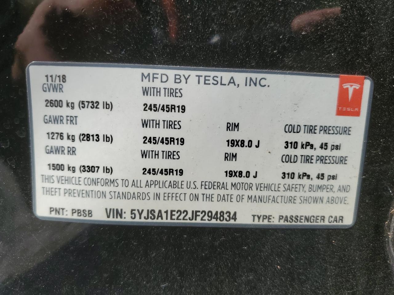 2018 Tesla Model S VIN: 5YJSA1E22JF294834 Lot: 58602574