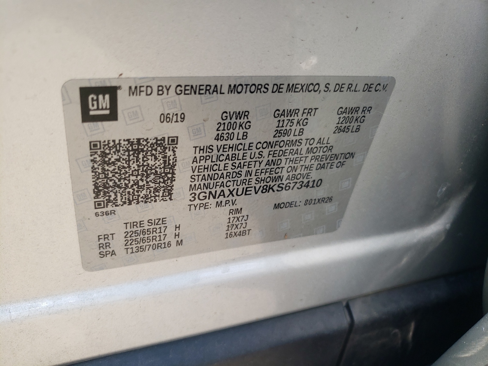3GNAXUEV8KS673410 2019 Chevrolet Equinox Lt