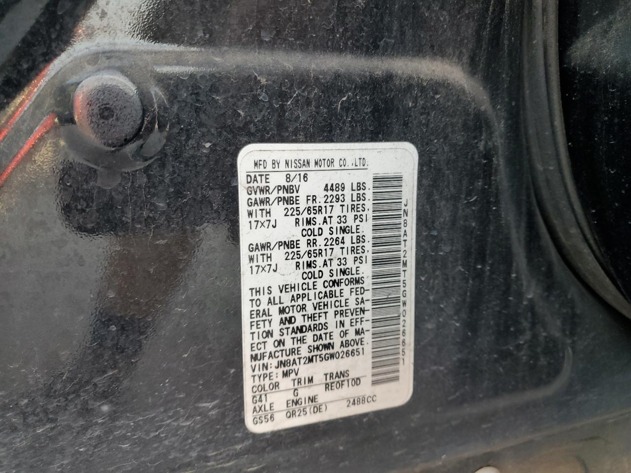 2016 Nissan Rogue S VIN: JN8AT2MT5GW026651 Lot: 59287354