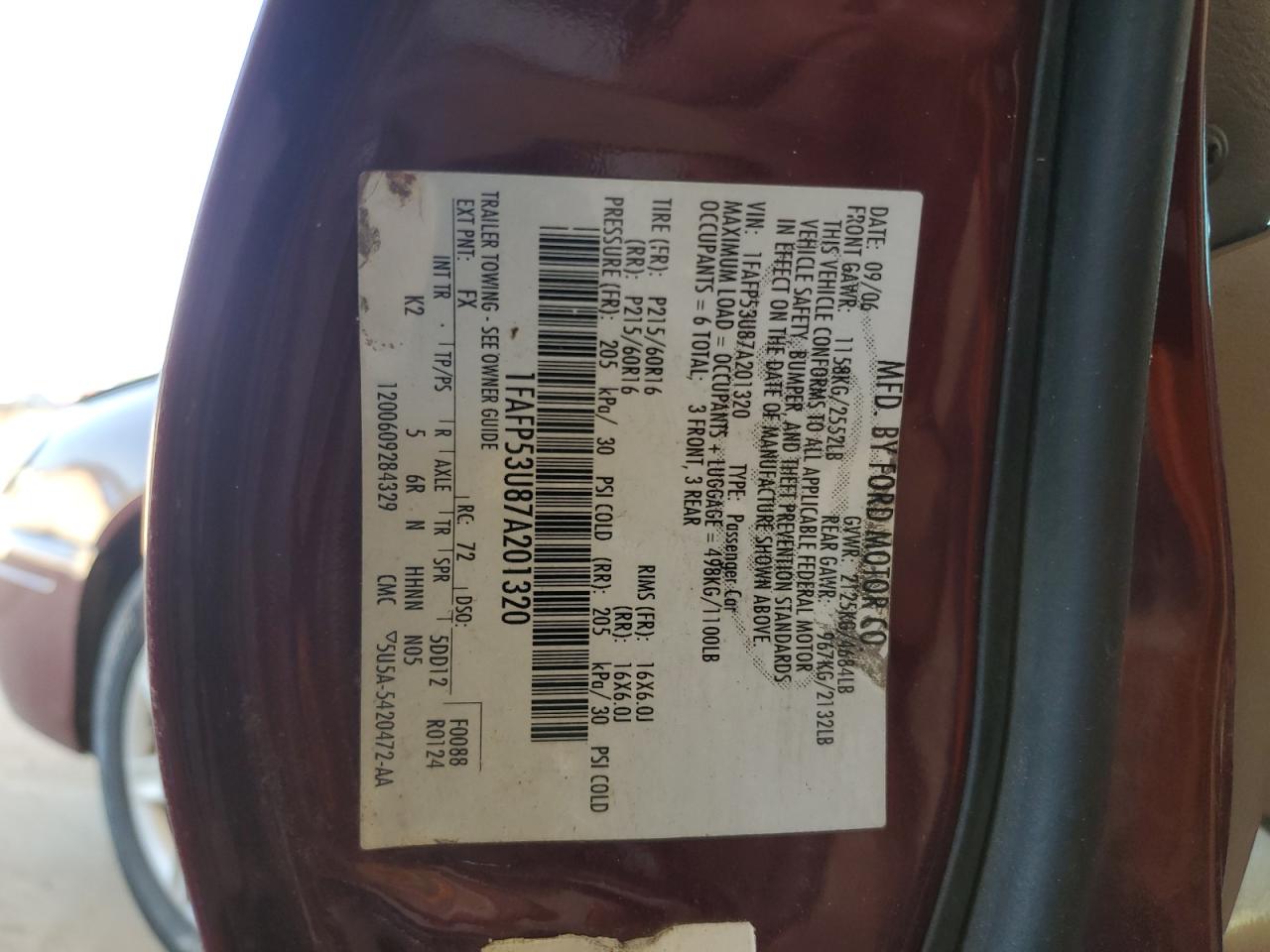 2007 Ford Taurus Se VIN: 1FAFP53U87A201320 Lot: 60438474