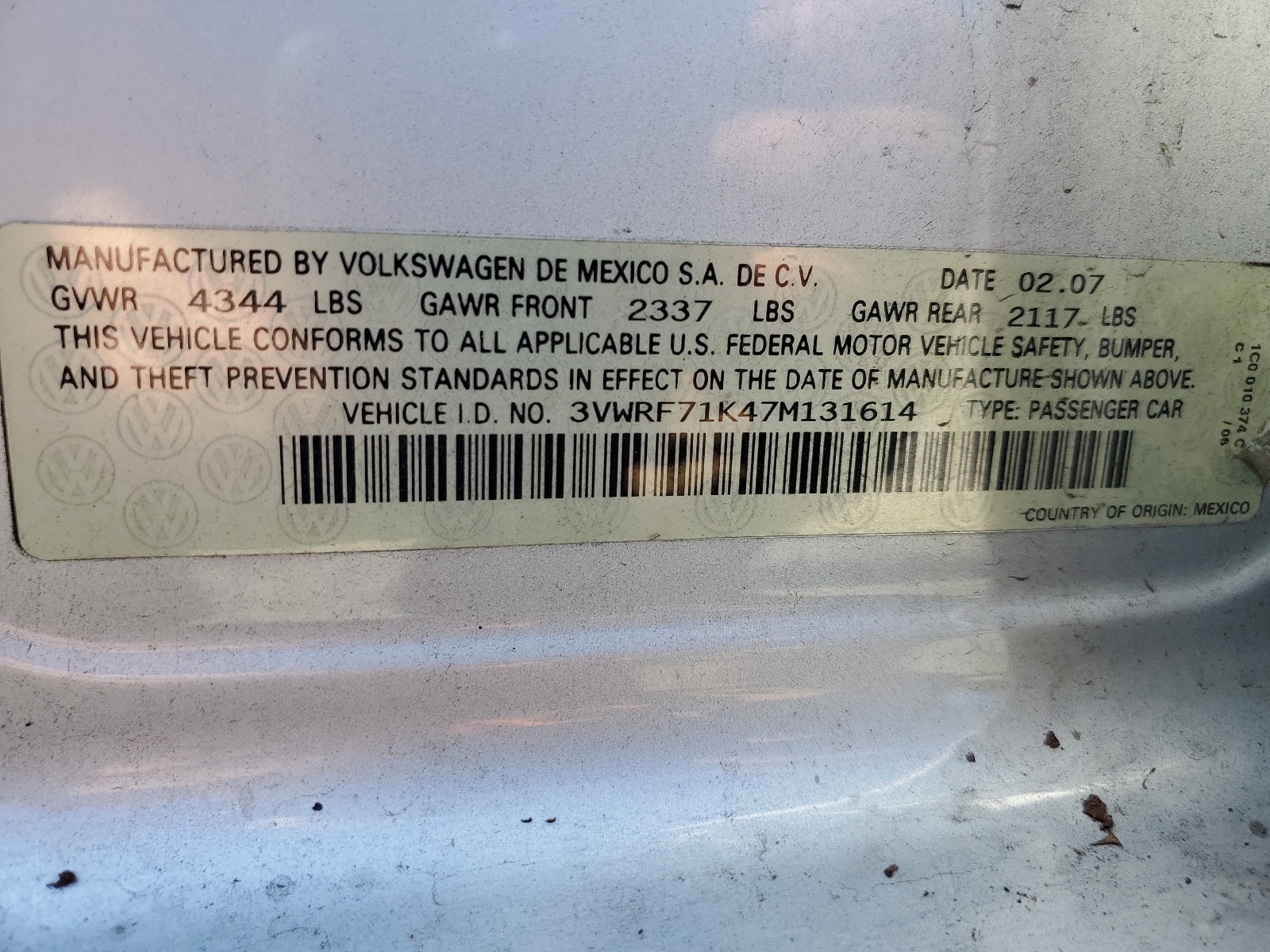 3VWRF71K47M131614 2007 Volkswagen Jetta 2.5 Option Package 1