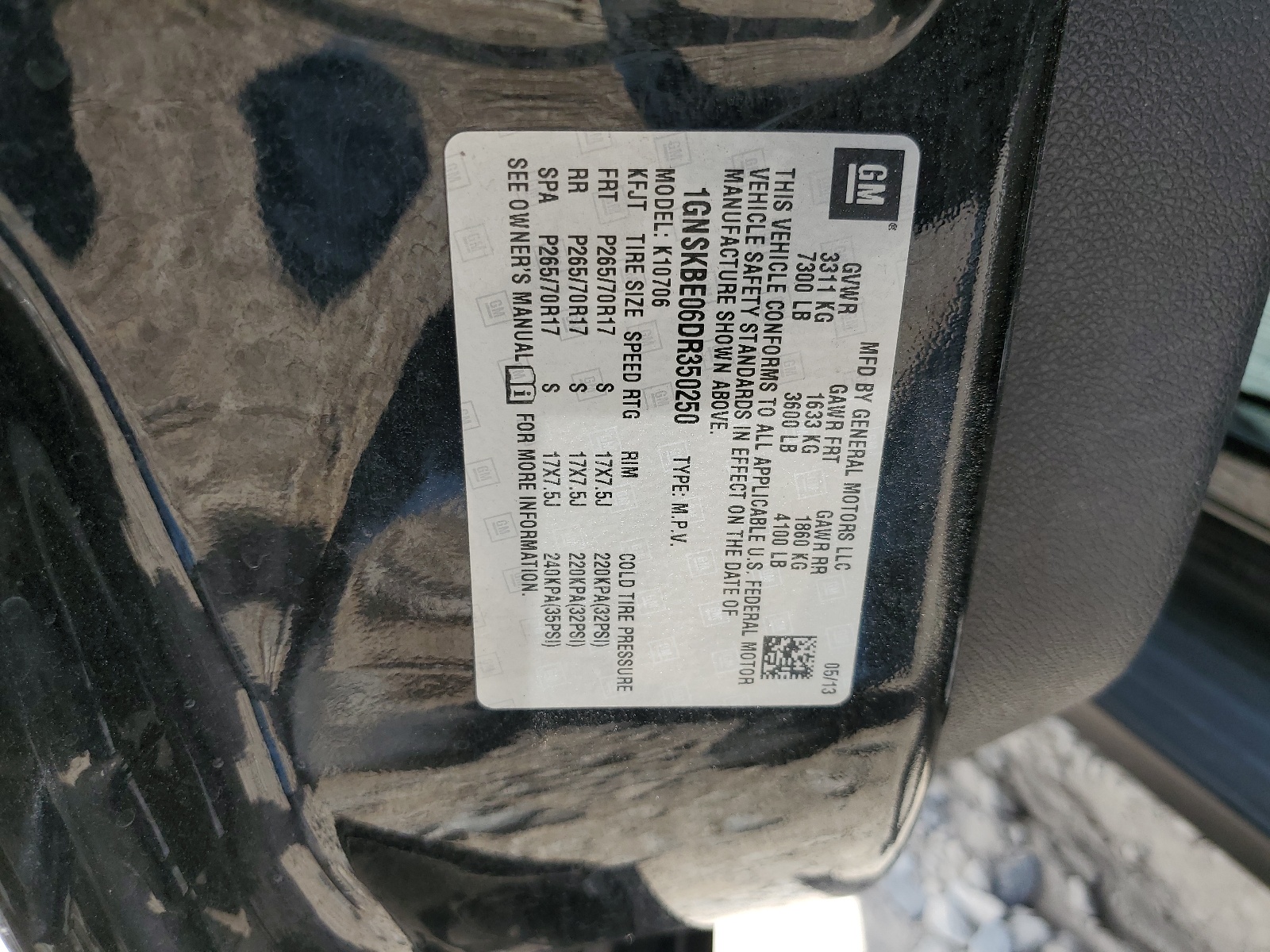 1GNSKBE06DR350250 2013 Chevrolet Tahoe K1500 Lt