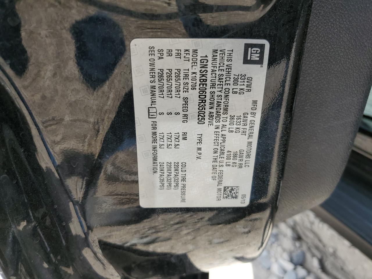 2013 Chevrolet Tahoe K1500 Lt VIN: 1GNSKBE06DR350250 Lot: 60504864