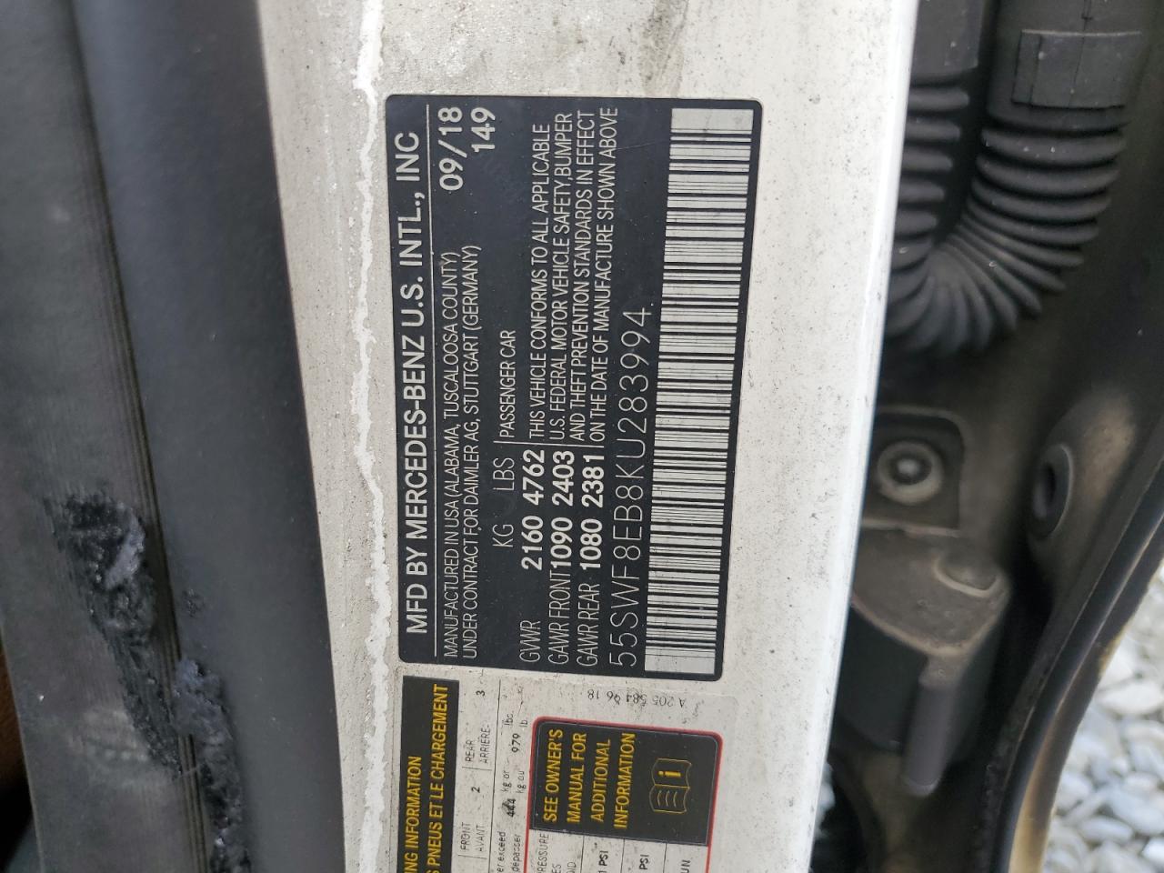 2019 Mercedes-Benz C 300 4Matic VIN: 55SWF8EB8KU283994 Lot: 58616504