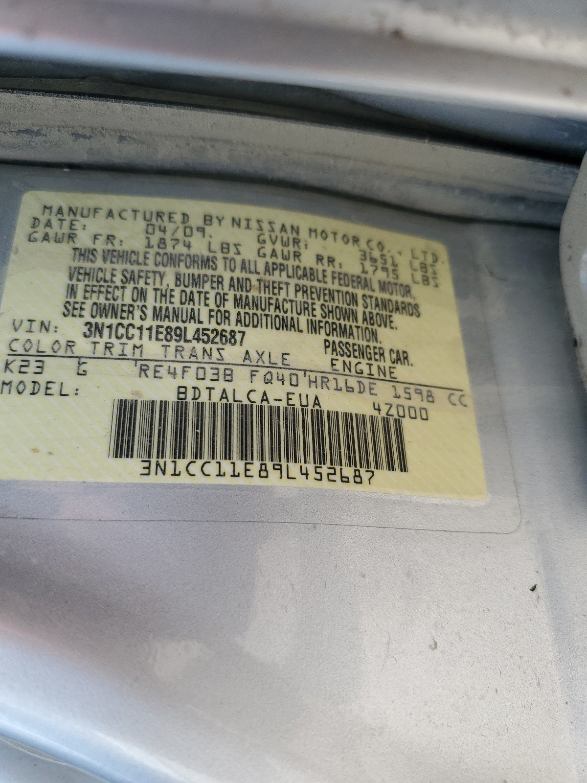 3N1CC11E89L452687 2009 Nissan Versa S