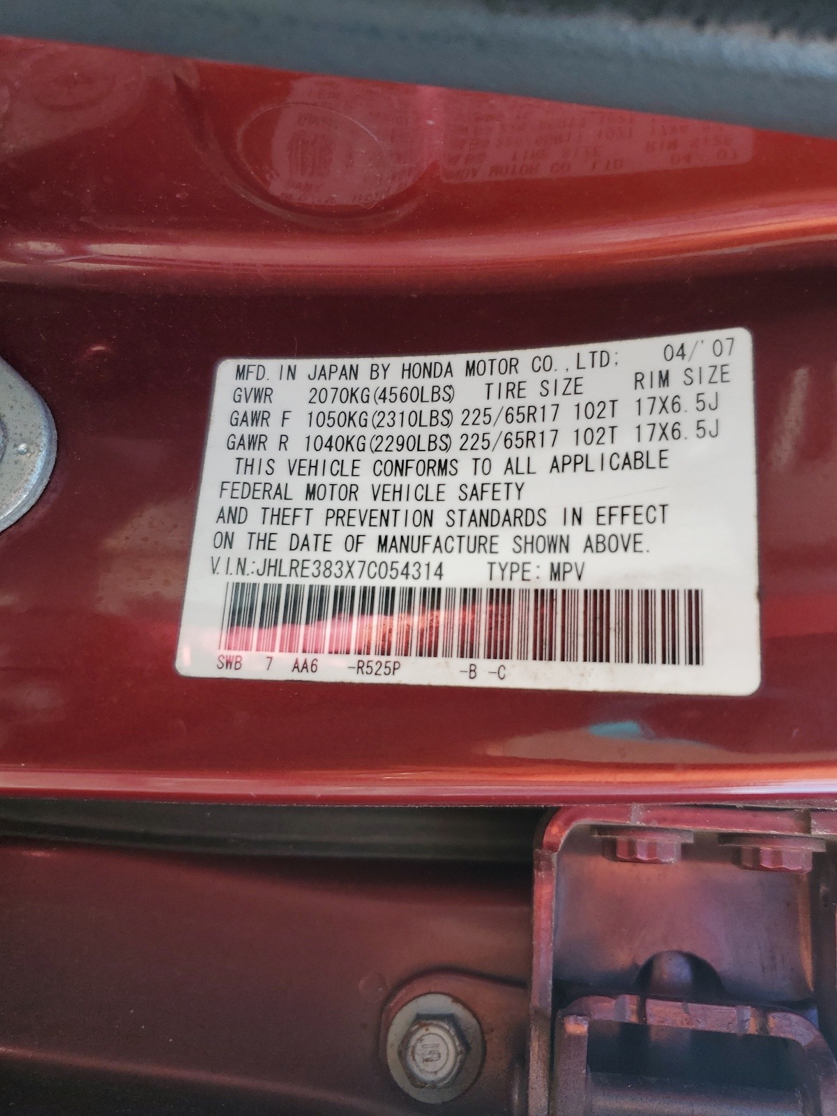 JHLRE383X7C054314 2007 Honda Cr-V Lx