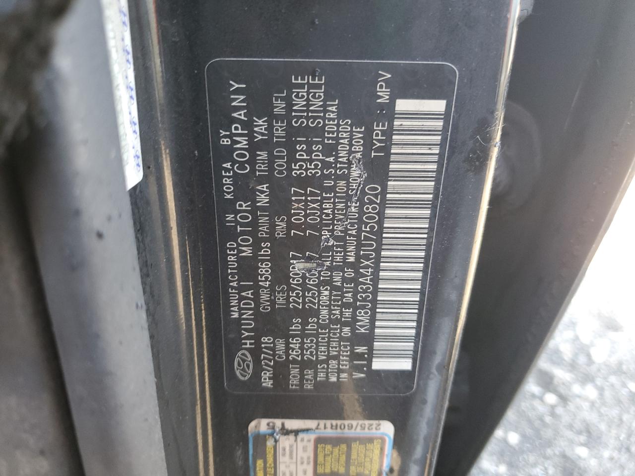 2018 Hyundai Tucson Sel VIN: KM8J33A4XJU750820 Lot: 57579024