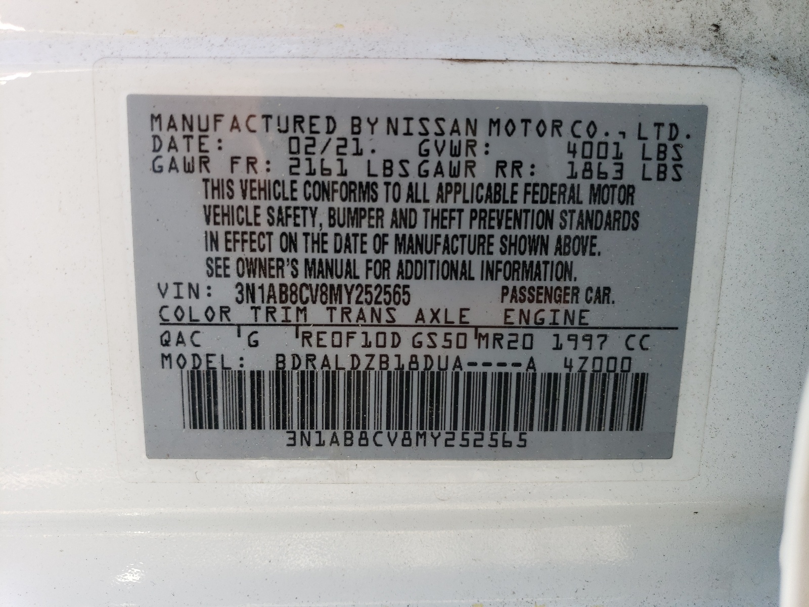 3N1AB8CV8MY252565 2021 Nissan Sentra Sv