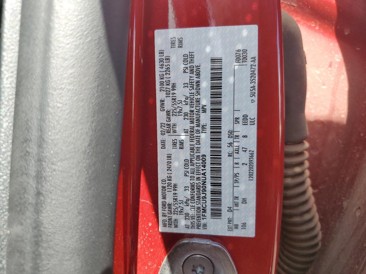 2022 Ford Escape Titanium VIN: 1FMCU9J90NUA14009 Lot: 60517334