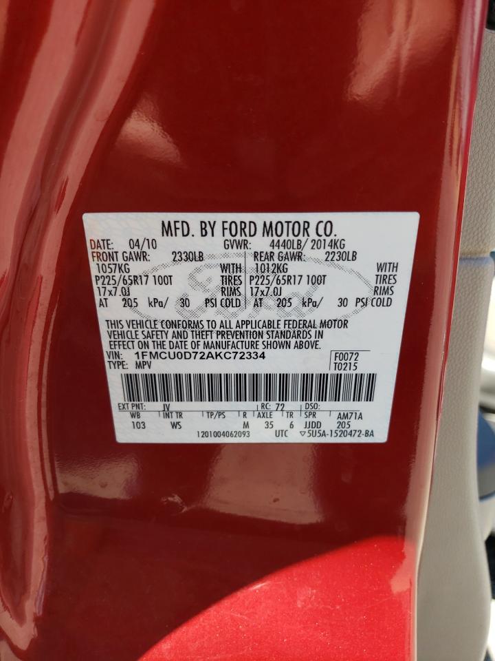 2010 Ford Escape Xlt VIN: 1FMCU0D72AKC72334 Lot: 58075544