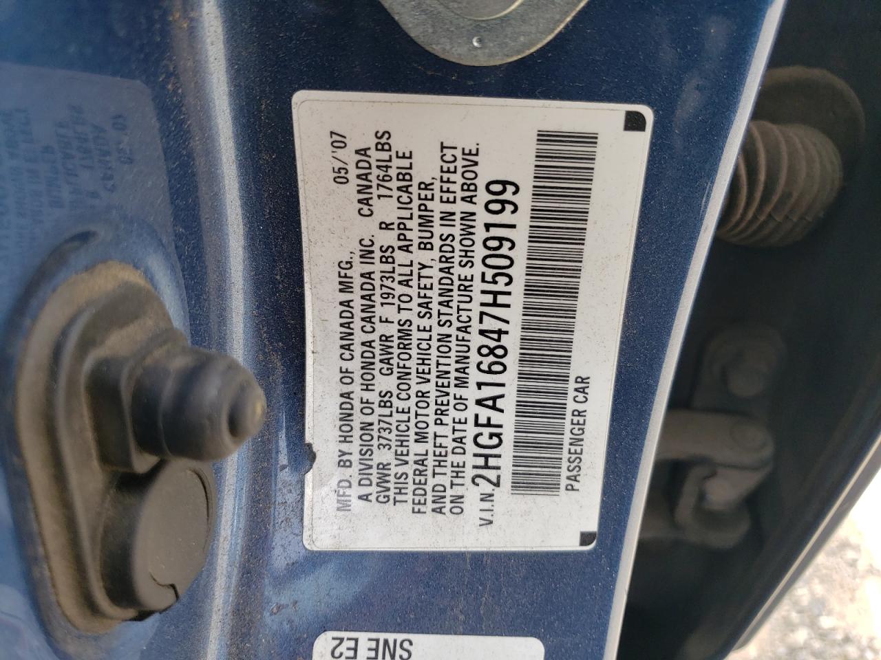 2007 Honda Civic Ex VIN: 2HGFA16847H509199 Lot: 57352404