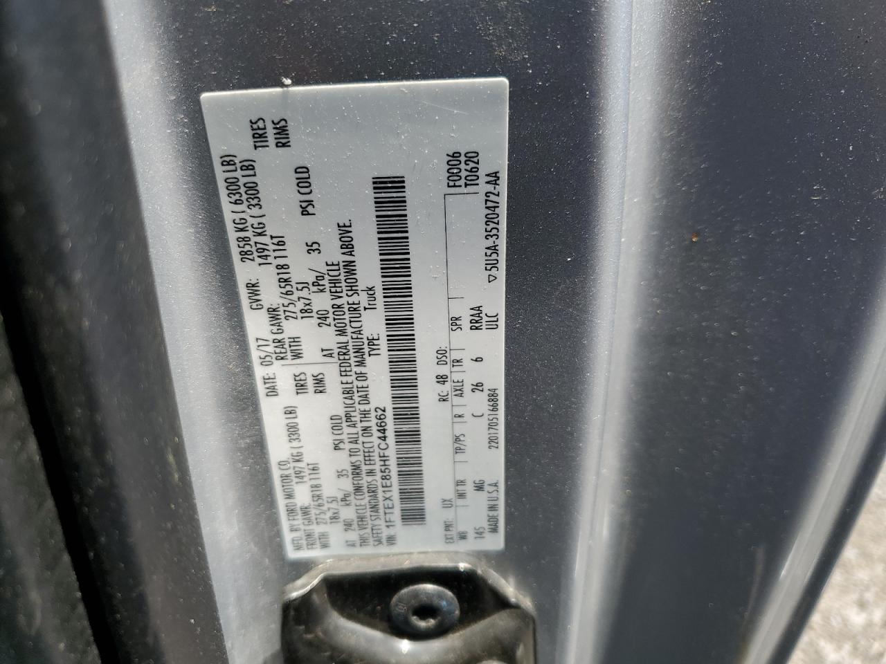 2017 Ford F150 Super Cab VIN: 1FTEX1E85HFC44662 Lot: 59528404