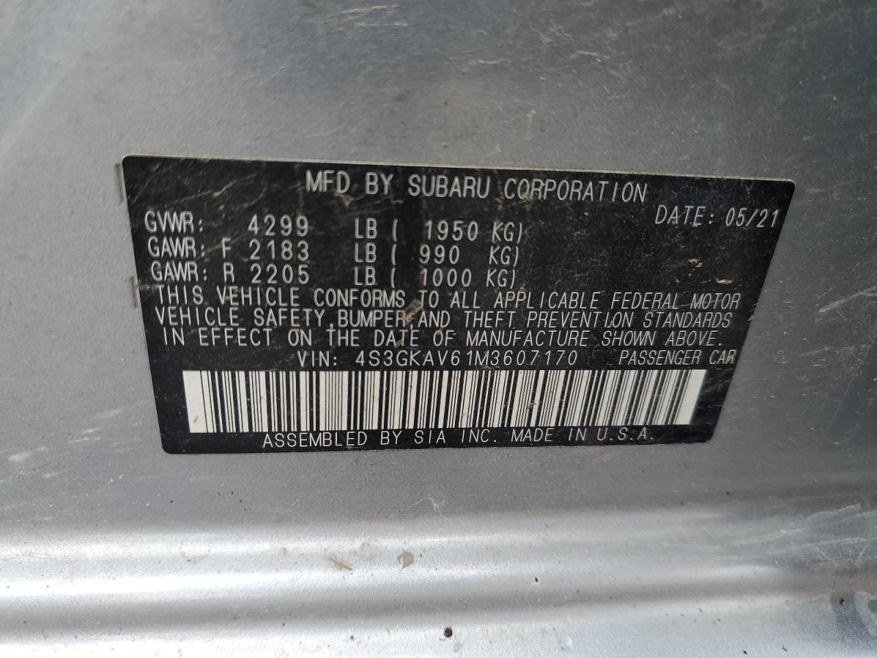 2021 Subaru Impreza Premium VIN: 4S3GKAV61M3607170 Lot: 60265094