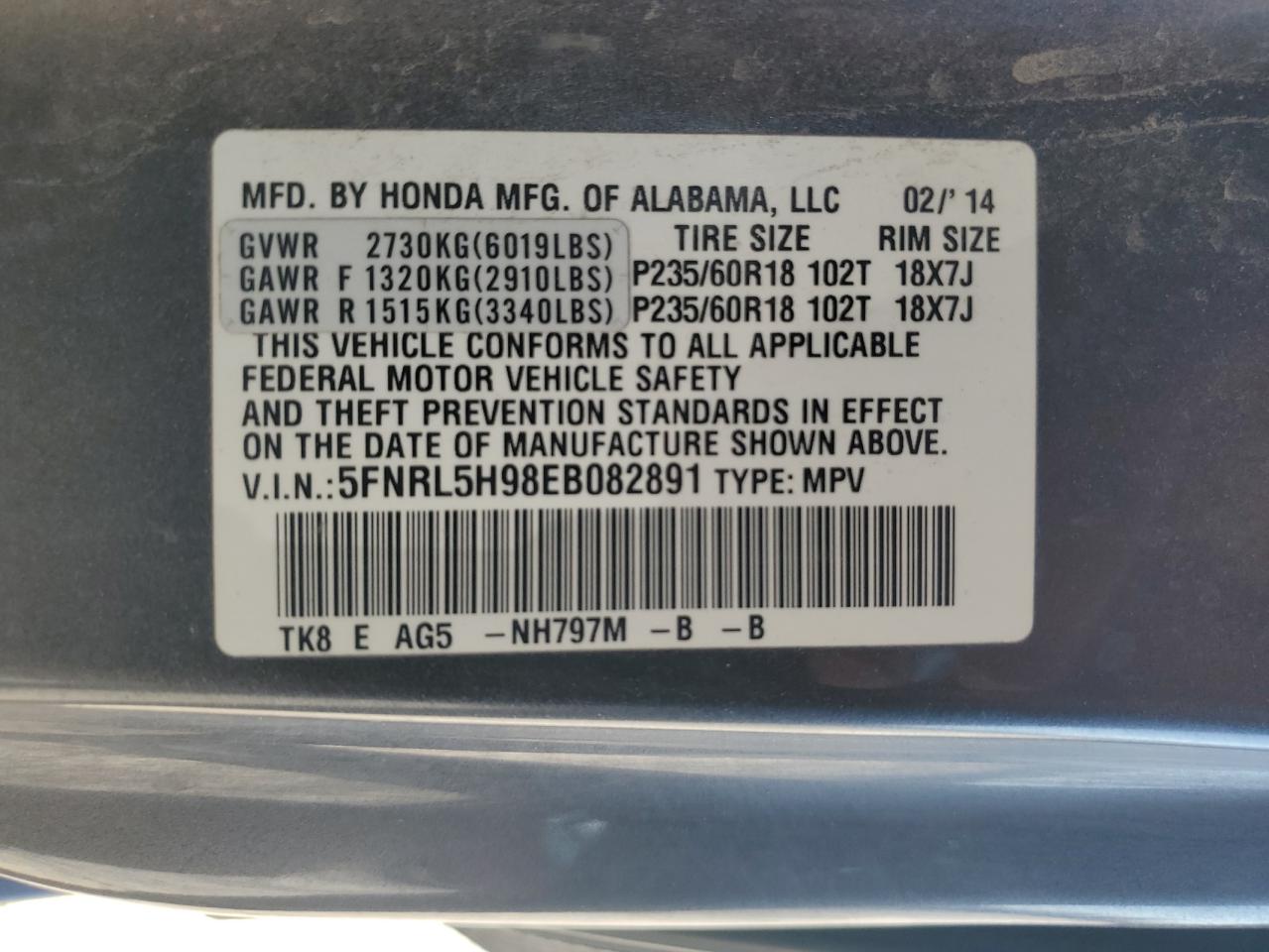 5FNRL5H98EB082891 2014 Honda Odyssey Touring