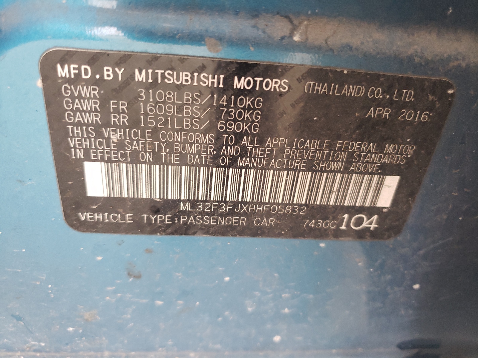 ML32F3FJXHHF05832 2017 Mitsubishi Mirage G4 Es