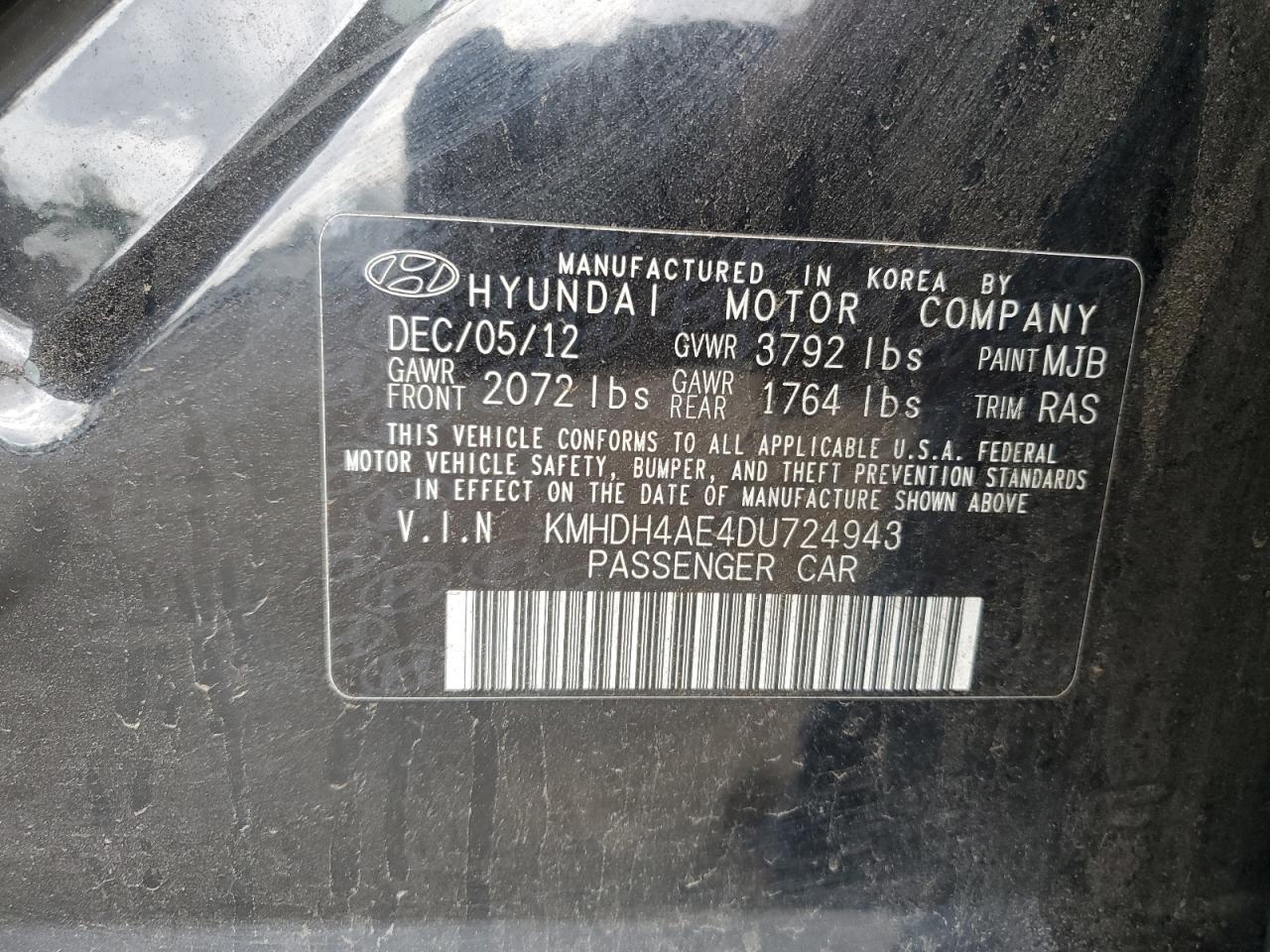 KMHDH4AE4DU724943 2013 Hyundai Elantra Gls